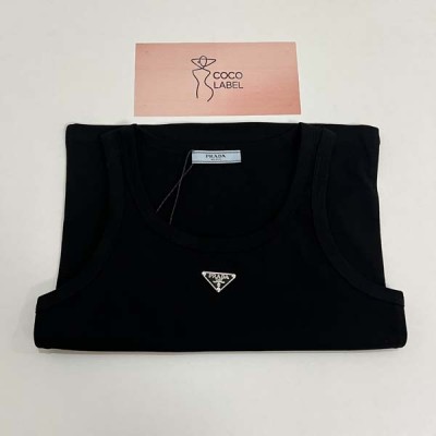 프라다 로고 플라크 민소매 탱크 탑 블랙