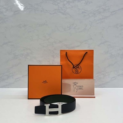 에르메스 H STRIE 리버서블 벨트 카키 은장 32mm