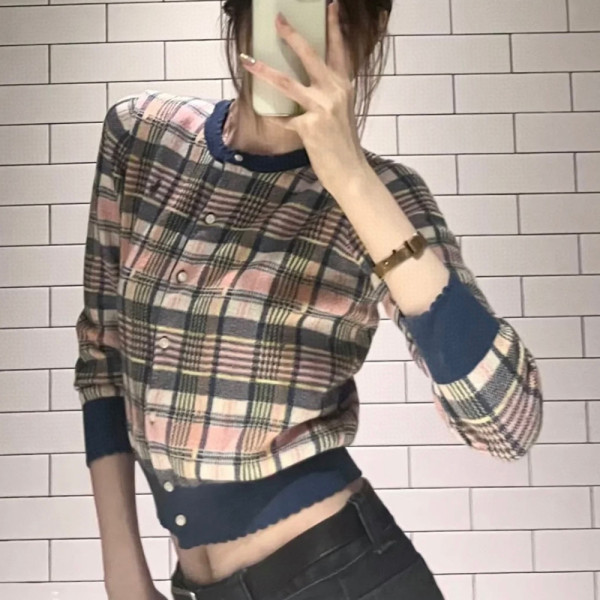 폴로 포니 자수 멀티 체크 배색 크루넥 가디건