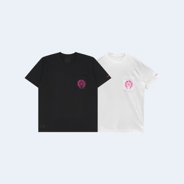 남녀공용 크롬하츠 분홍색 말굽 포켓 반팔 티셔츠 (2color)